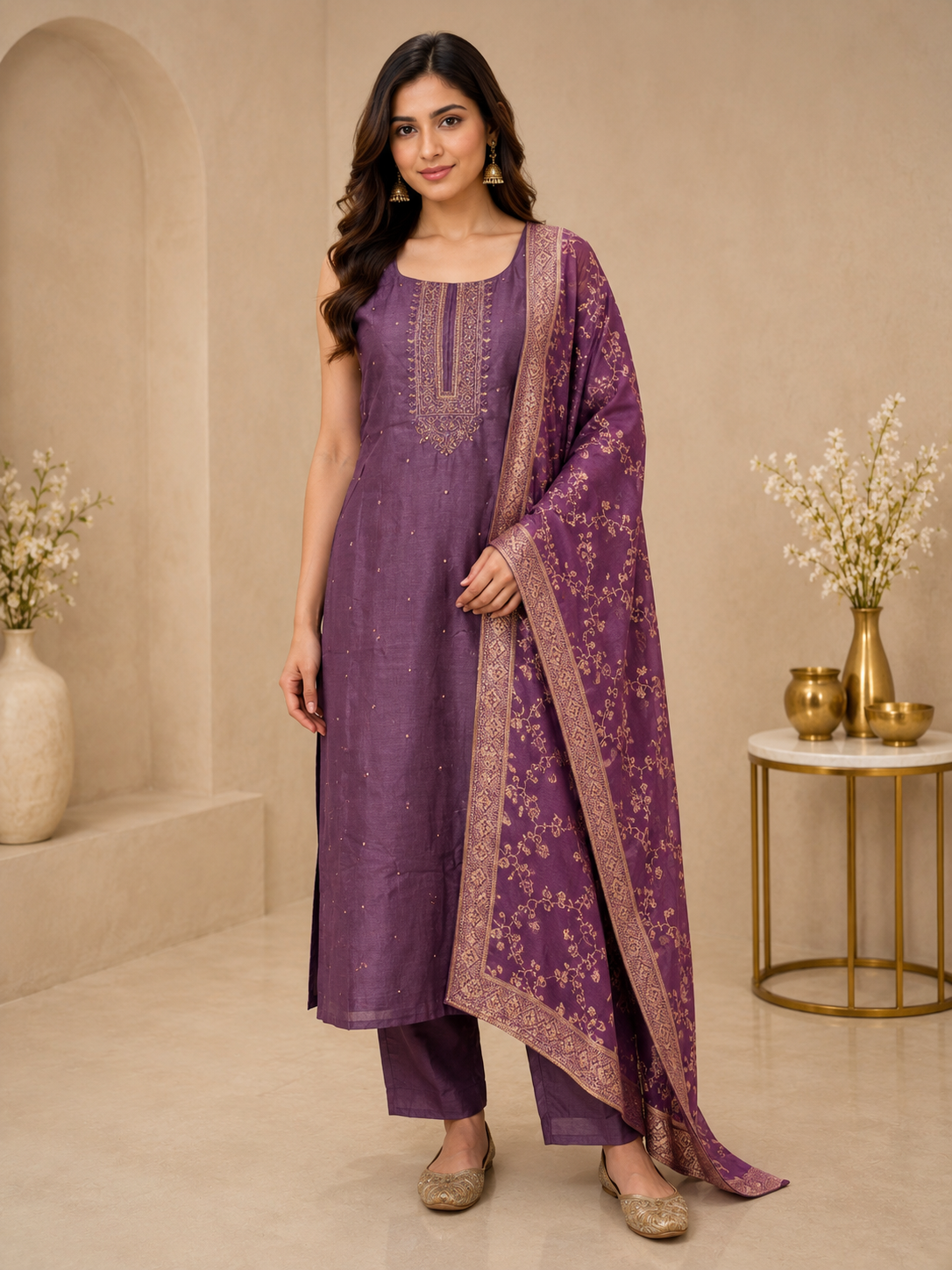 Royal Purple Vichitra Silk Embroidered Kurta Set with Jacquard Dupatta